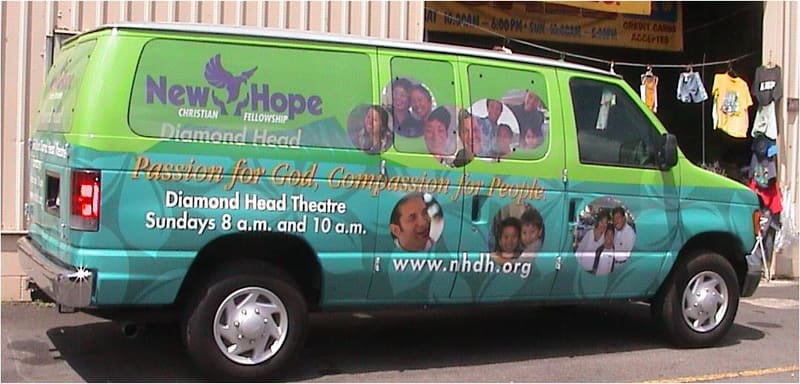 New Hope Diamond Head church van with a full-color photo wrap and service times