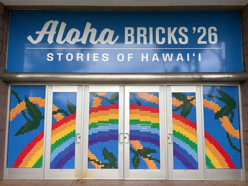 Aloha Bricks storefront wall and door wrap with rainbow brick-mosaic artwork