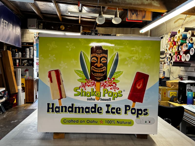 Shaka Pops freezer chest wrap with logo and product photography